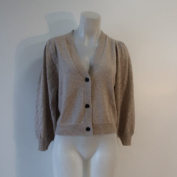 NWT Two Bees Cashmere Wool Taupe Pointelle Puff Slv V-Neck Cardigan Sweater XS - Picture 4 of 11